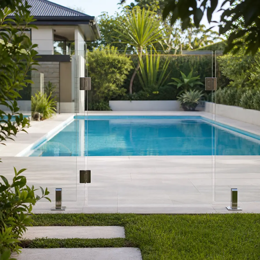 A compliant frameless glass pool fence with a self-closing gate
