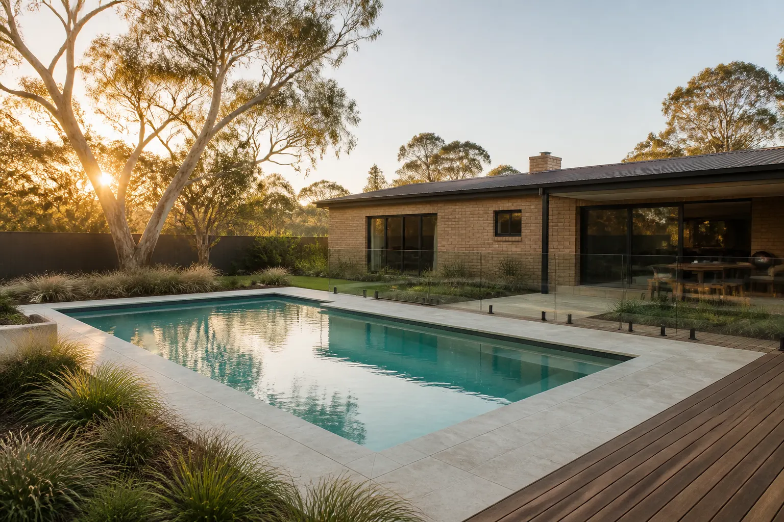 A modern Australian backyard swimming pool with glass fencing at golden hour